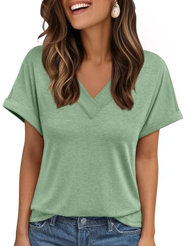 AUTOMET Summer Clothes for Women 2025 Womens Tops Green Shirt Short Sleeve Tops V Neck Casual Top 2025 Spring Fashion Cute Basic Trendy Outfits M | Amazon (US)