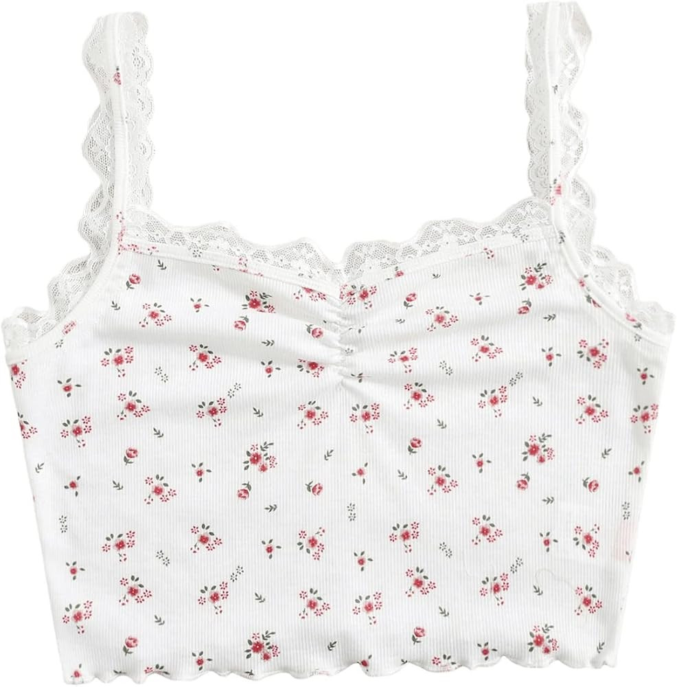 SweatyRocks Women's Sleeveless Floral Print Crop Tank Top Lace Trim Ruched Cami Tops | Amazon (US)