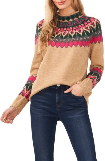 CeCe Fair Isle Funnel Neck Sweater in Latte Heather at Nordstrom Rack, Size X-Small | Nordstrom Rack