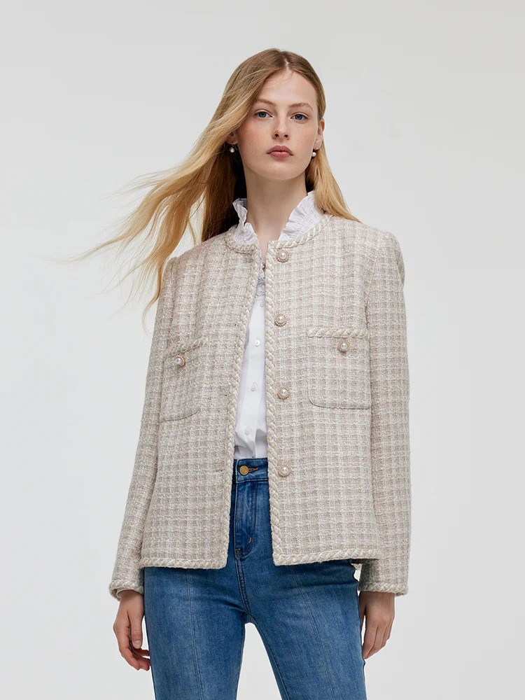 Wool Blend Tweed Single-Breasted Women Jacket - Light Beige / XL | GOELIA