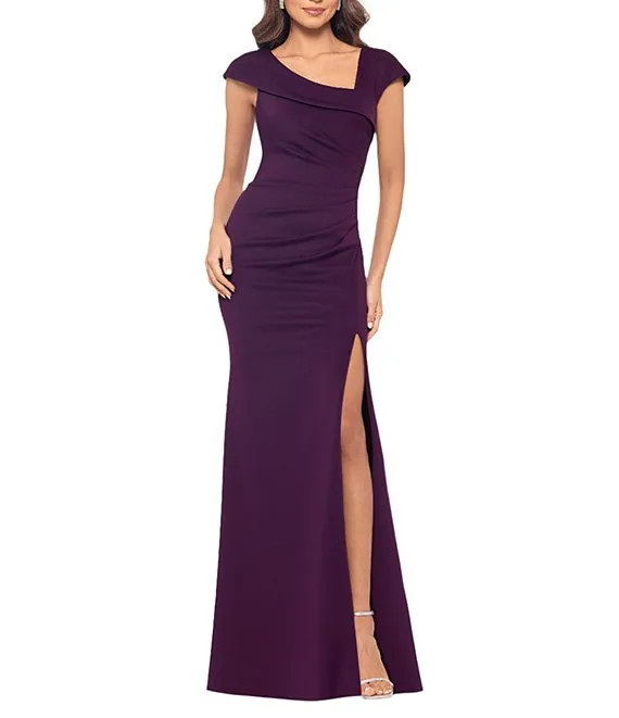 Xscape Asymmetrical Neckline Cap Sleeve Ruched Scuba Crepe Sheath Gown | Dillard's | Dillard's