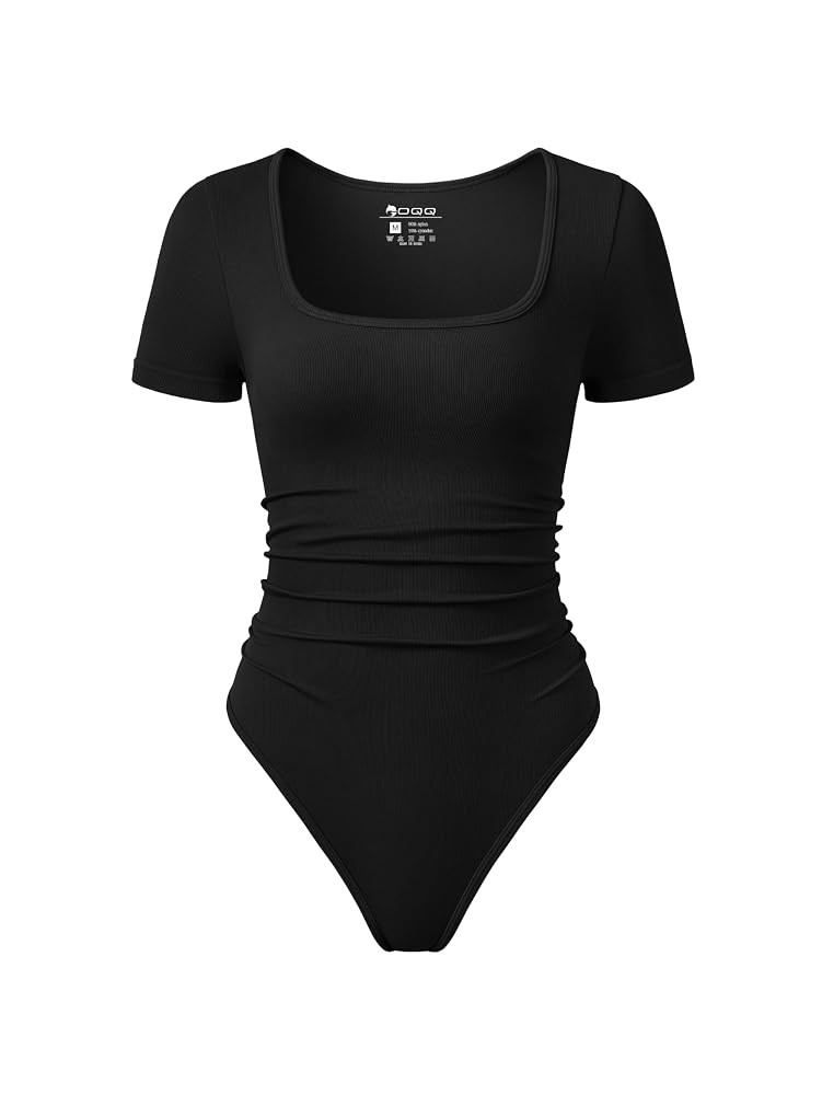 OQQ Women Bodysuits Ruched Short Sleeve Square Neck Stretch Lounge Travel Bodysuits | Amazon (US)
