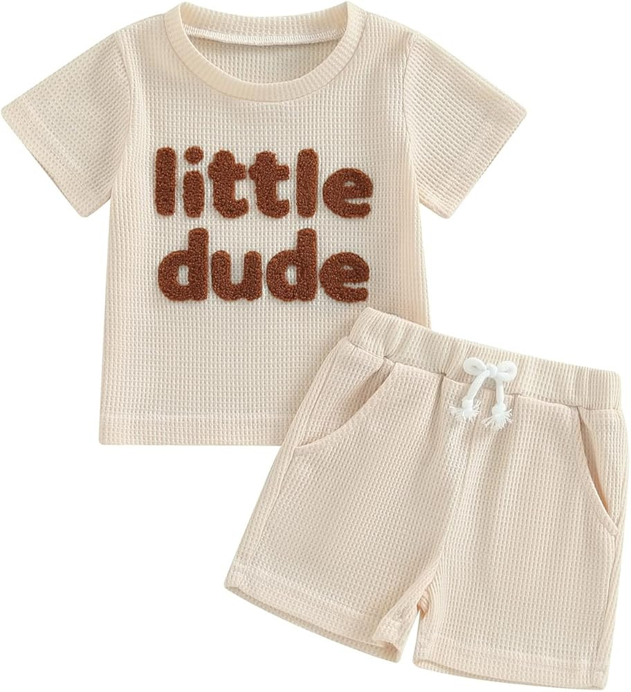 Kupretty Toddler Baby Boy Summer Clothes Embroiderey Waffle Knit Short Sleeve T-Shirt Tees + Casu... | Amazon (US)
