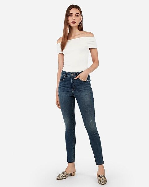 high waisted denim perfect curves lift raw hem zip ankle leggings | Express