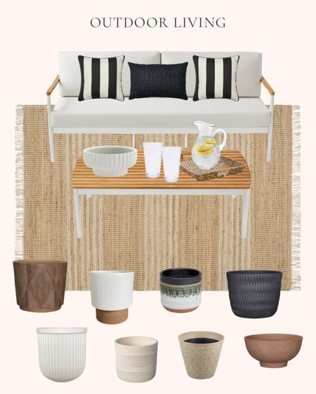 My outdoor living picks from Walmart. Patio season. Summer. Favorites. Outdoor decor. 20 ounce tumbler beverage glasses. Large beverage pitcher. Natural and black woven rectangular tray. Ceramic planter pots. Beige and black resin planter pot. Terracotta recycled resin planter. Black and white patterned ceramic planter. White resin planter. White and faux wood planter pot. White round fluted tabletop planter bowl. Woven black resin planter. Faux wood resin planter pot. Black and white striped outdoor pillows. Black outdoor lumbar pillow. 2-piece aluminum outdoor sofa and coffee table set. Jute area rug  

#LTKSeasonal #LTKhome