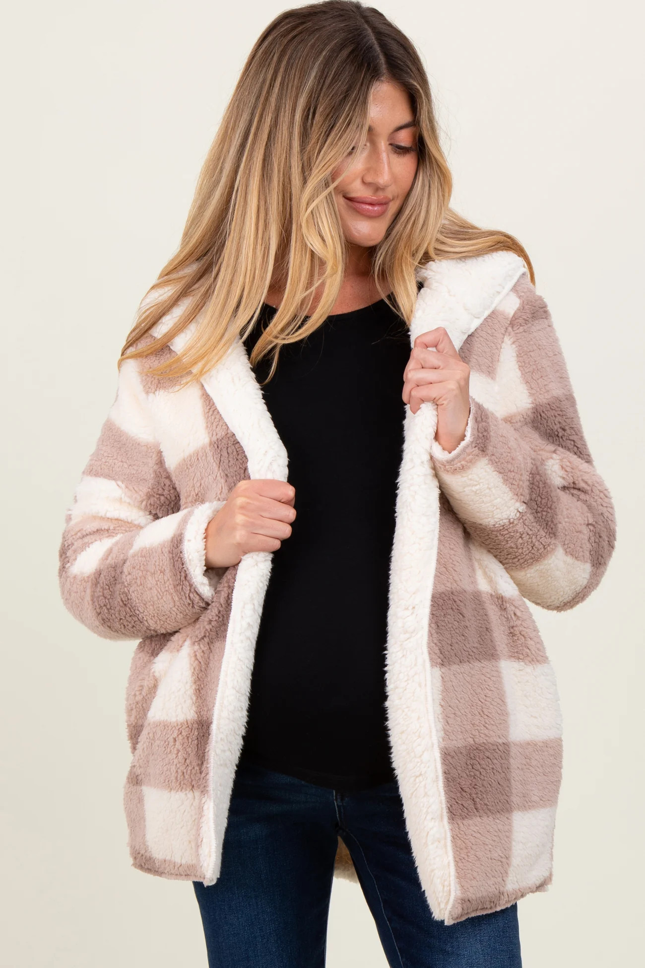 Light Taupe Plaid Teddy Fleece Hooded Maternity Cardigan | PinkBlush Maternity