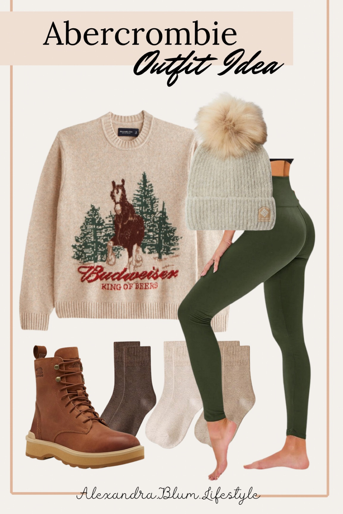 Cute holiday sweater from Abercrombie! Casual outfit idea for mountain vacations, ski outfit, and resort wear!  Green leggings, boot socks, Pom Pom winter hat, and hiking boots all from Amazon! Outdoor outfit idea! Hiking outfit! 

#LTKStyleTip #LTKHoliday #LTKFindsUnder100