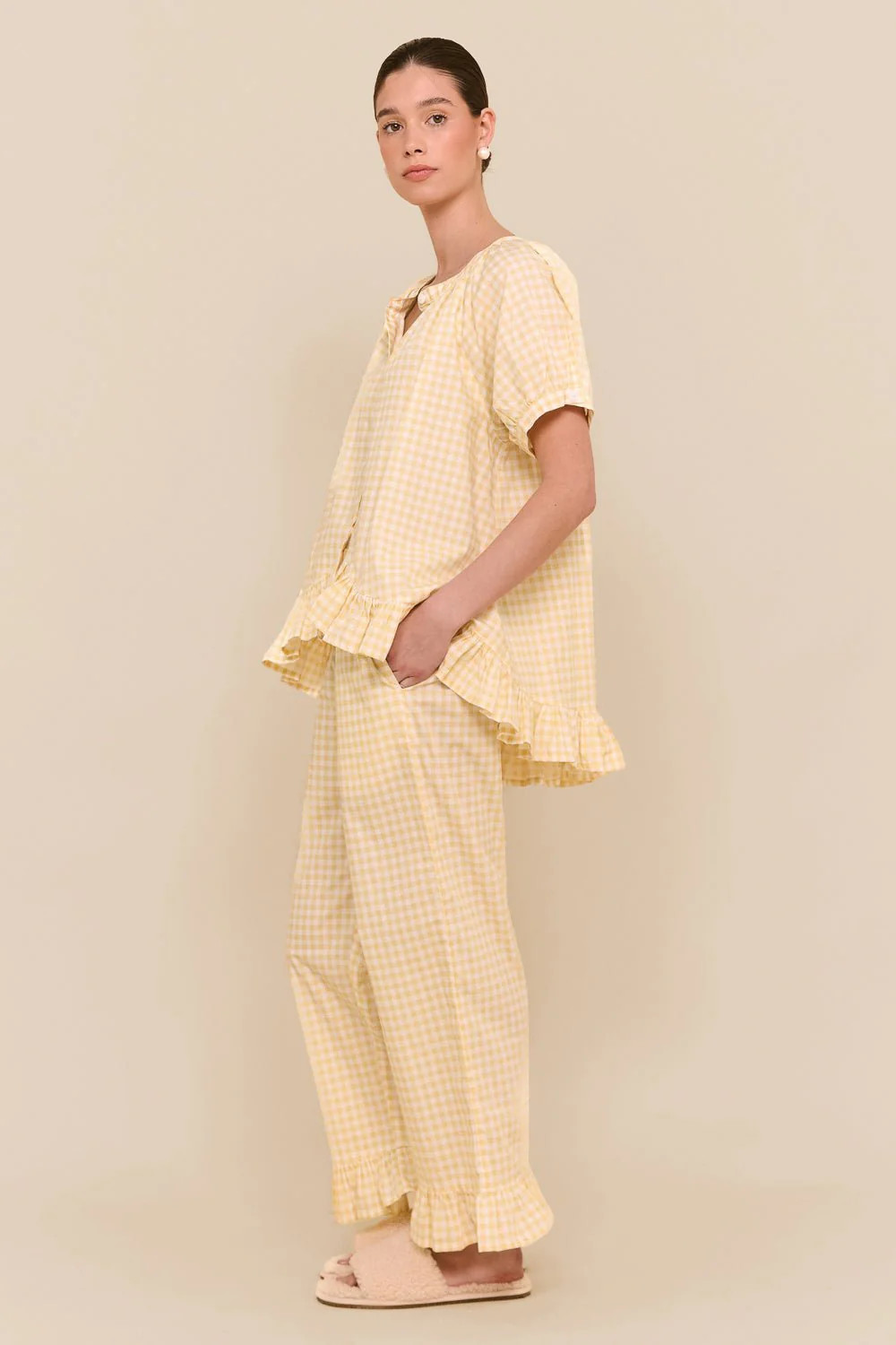 Sophie Sleep Set - Pants - Cotton - Gingham Yellow | Piyama US