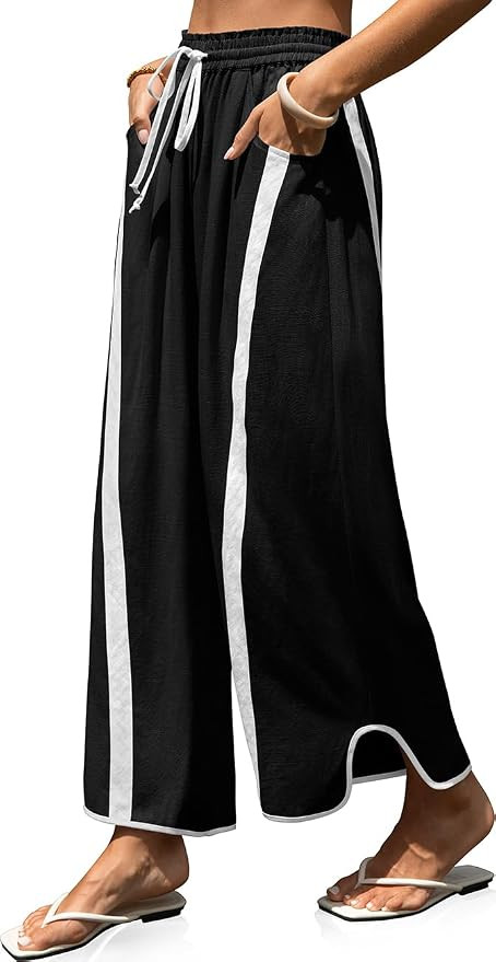 TARSE Womens Linen Wide Leg Pants Baggy Casual Drawstring Elastic Waisted Contrast Color Loose Y2... | Amazon (US)