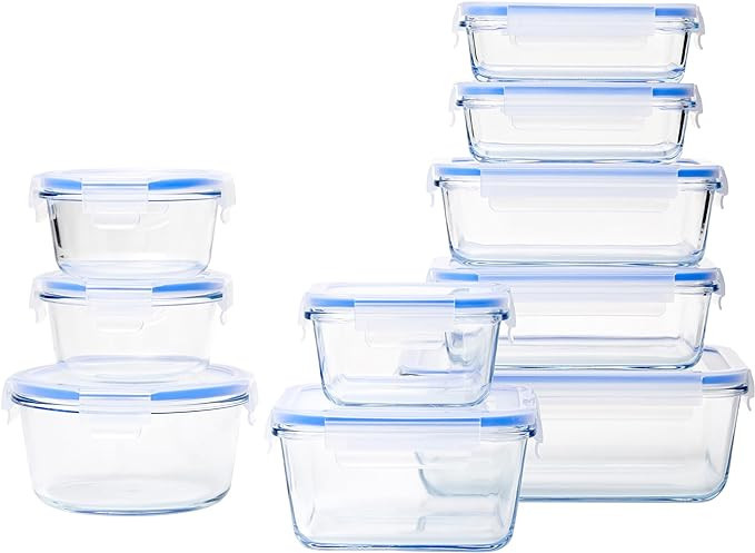 Amazon Basics 20-Piece Glass Food Storage Containers, 10 Count of Bases and Plastic Lids, Transpa... | Amazon (US)