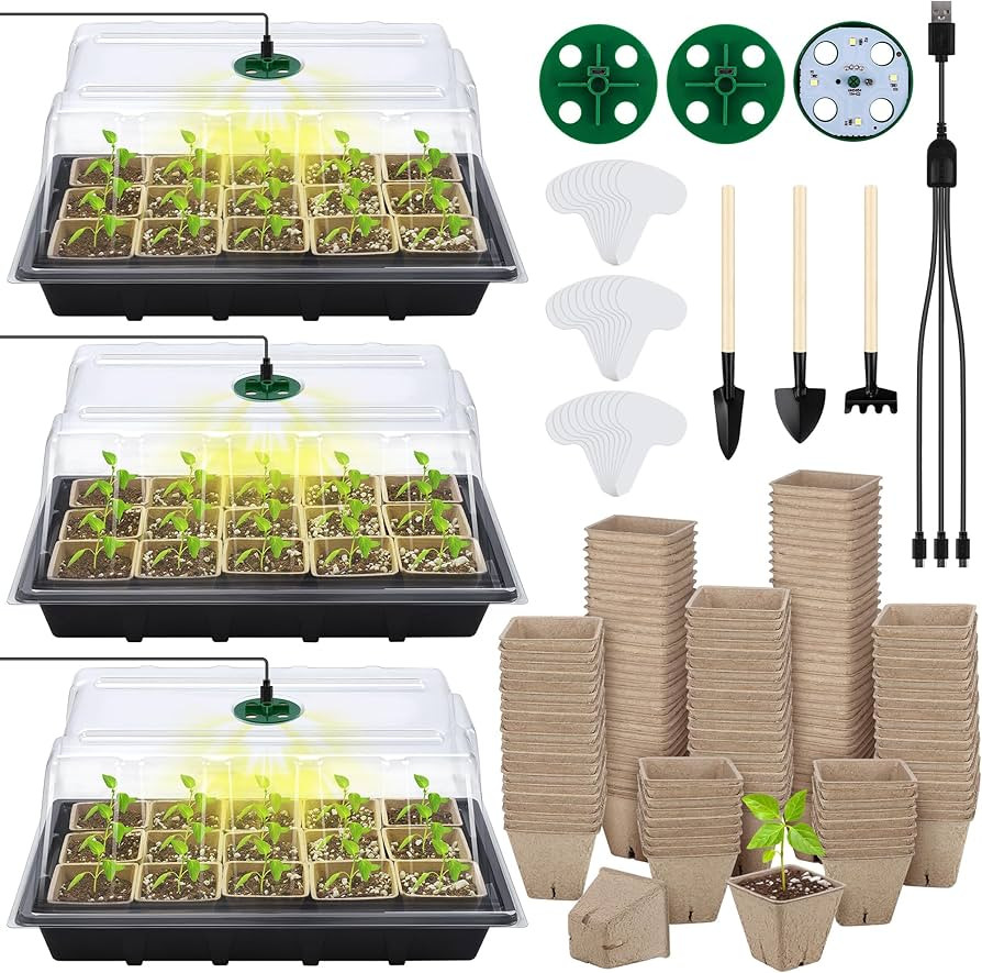 3 Sets Seed Starter Tray Kits with Grow Light and Peat Pots Plastic Germination Growing Trays wit... | Amazon (US)
