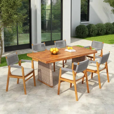 7-Piece Modern Coastal Acacia Wood, Rope-Woven & PE Wicker Patio Dining Set With Water-Repellent Cushions | Wayfair North America