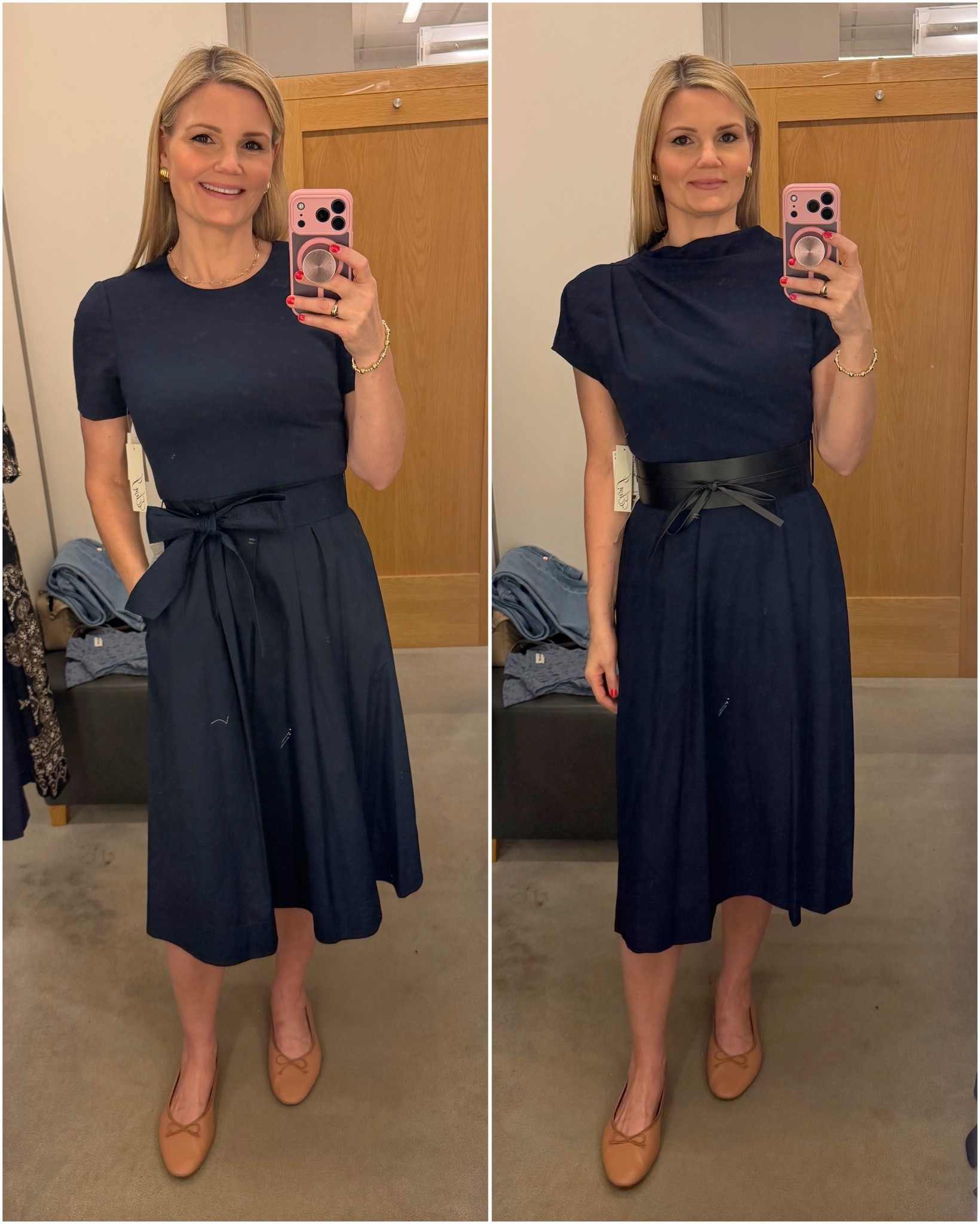 Gorgeous navy blue midi work dresses with tie waists under $100! Wearing size 6. Both guy true to size.

#LTKootd #LTKWorkwear #LTKOver40
