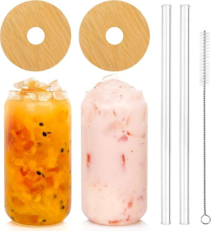 ANOTION Beer Can Glass with Lids and Straw, Bamboo Cover Glass Straw, 20 oz Reusable Drinking Gla... | Amazon (US)