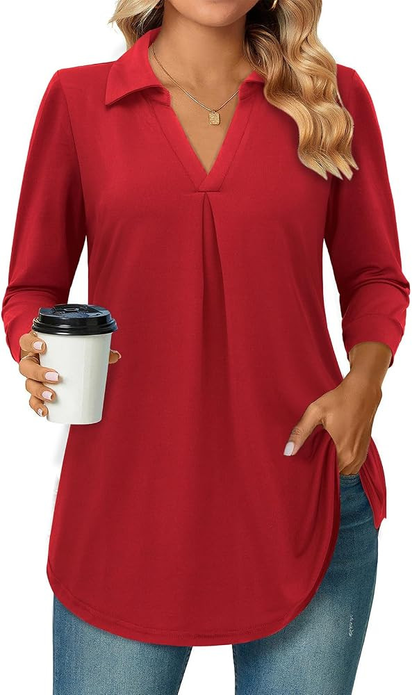 Bulotus 3/4 Length Sleeve Womens Tops Dressy Casual V Neck Collared Blouses Work Office Tunics 20... | Amazon (US)