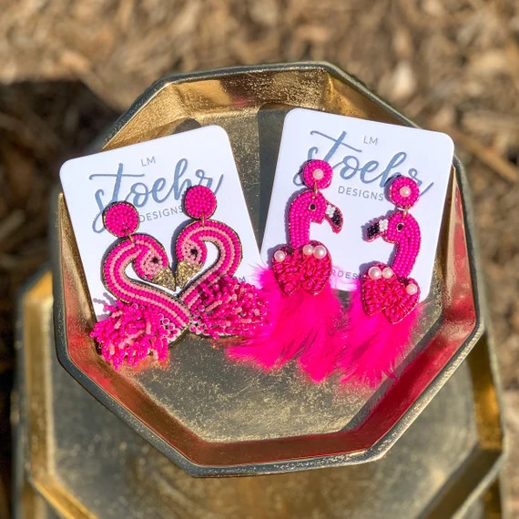 LUCKY 22 SALE! || Pink Beaded Flamingo Earrings || Flamingo Friday || Summer Styles || Pop of PIN... | Etsy (US)