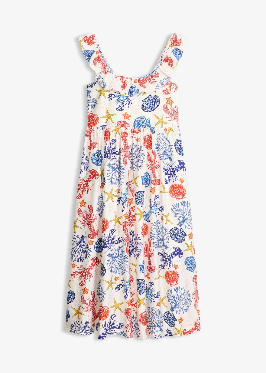 sommerliches Midikleid aus feinem Viskose-Mix mit Volant am Ausschnitt und dekorativem Print | Bonprix DE