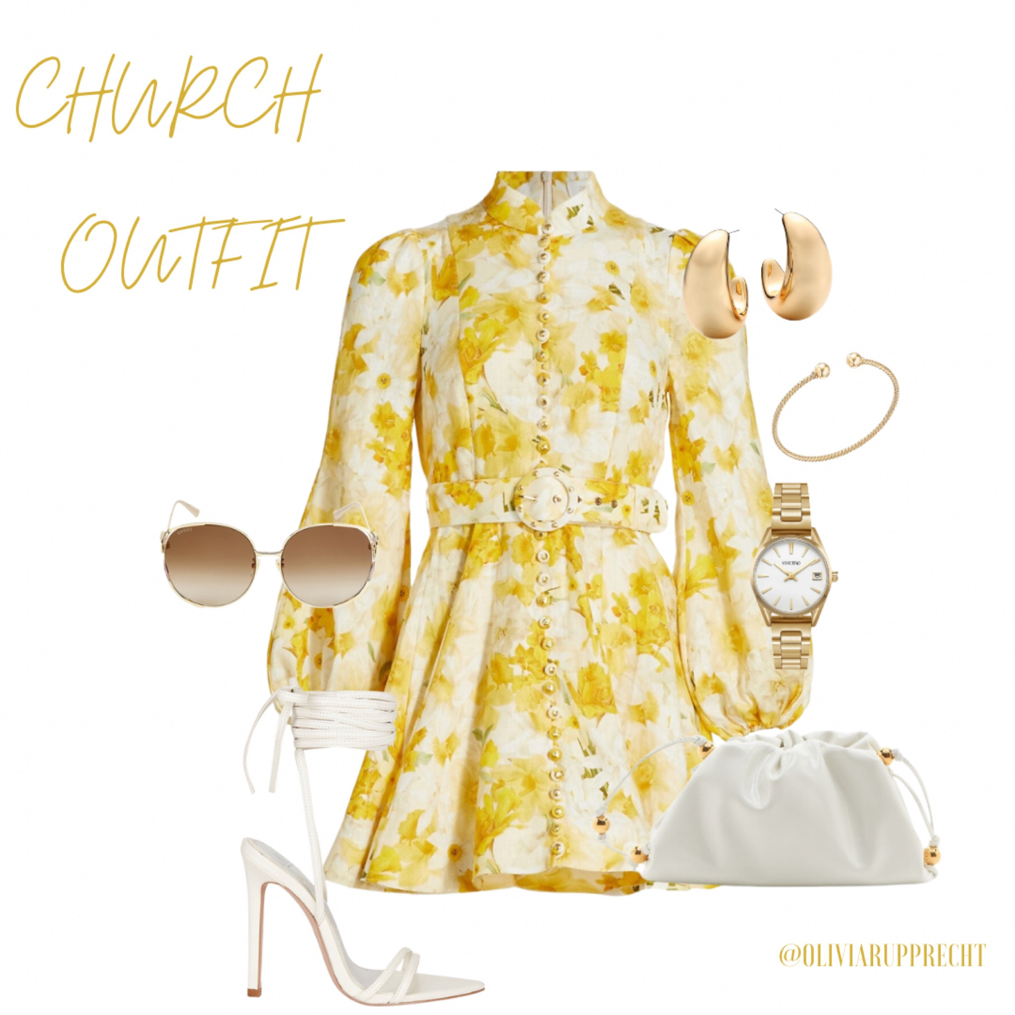 Church outfit | heels | shoes | dress | saks | style | fashion | purse | bag | jewelry | bracelet | watch | sunglasses | yellow | gold | white | 

#LTKstyletip #LTKSpringSale #LTKbeauty