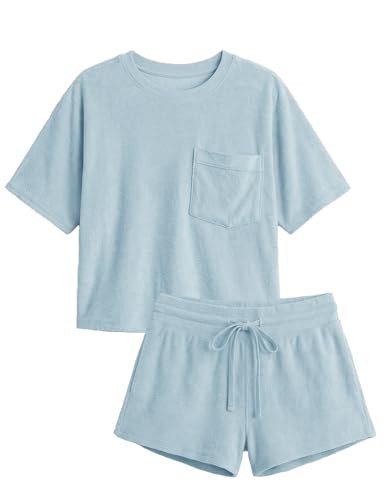 Haellun Womens 2 Piece Lounge Set Soft Short Sleeve Top and Drawstring Shorts for Summer | Amazon (US)