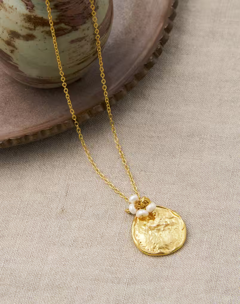 Gold Hammered Disc & Pearl Necklace | Brora