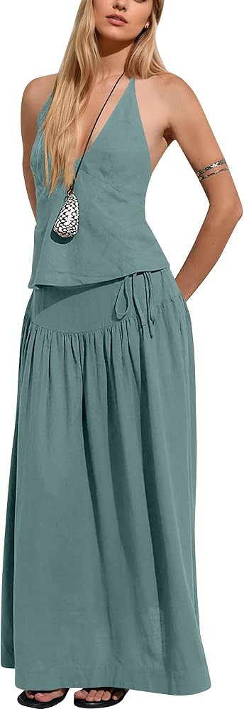 Women 2 Piece Skirt Set Summer V Neck Backless Halter Cami Crop Top and Flowy A Line Maxi Skirt T... | Amazon (US)