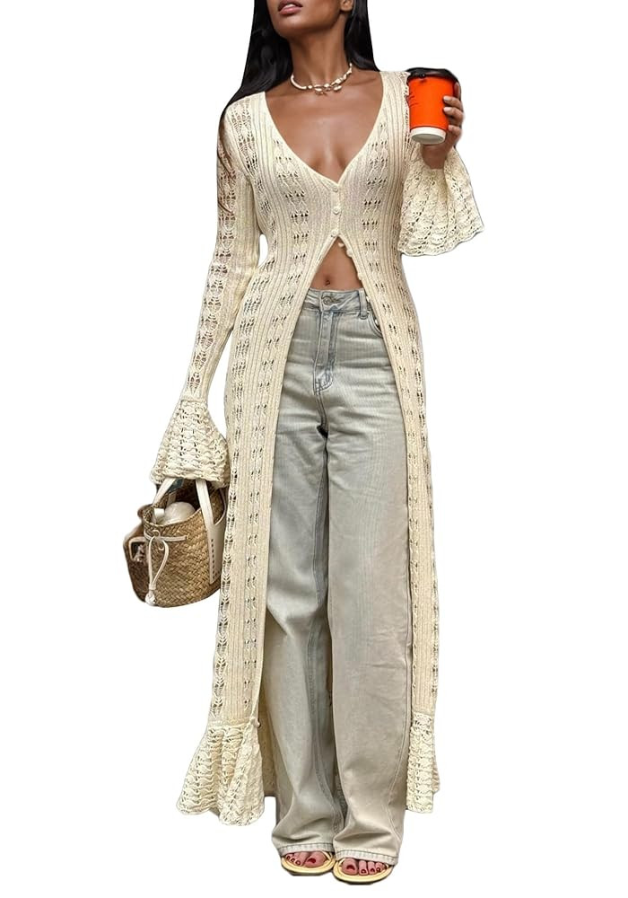 LETSVDO Womens Long Crochet Cardigan Bell Sleeve Ruffle Knit Hollow Out Lightweight Duster Sweate... | Amazon (US)