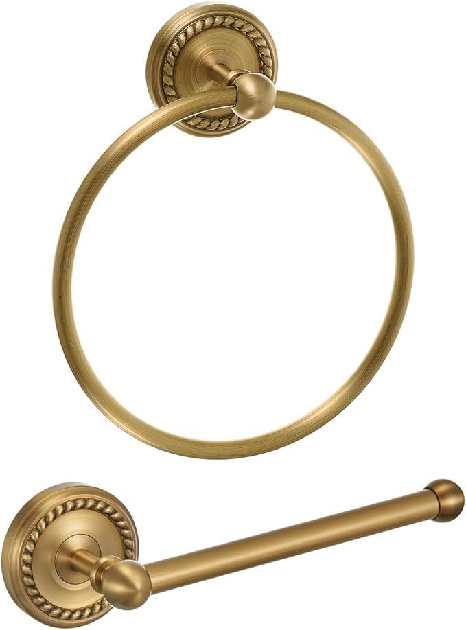 2 Pcs Antique Brass Toilet Paper Holder, Brass Towel Ring, Bathroom Wall Mount Vintage Gold Tissu... | Amazon (US)