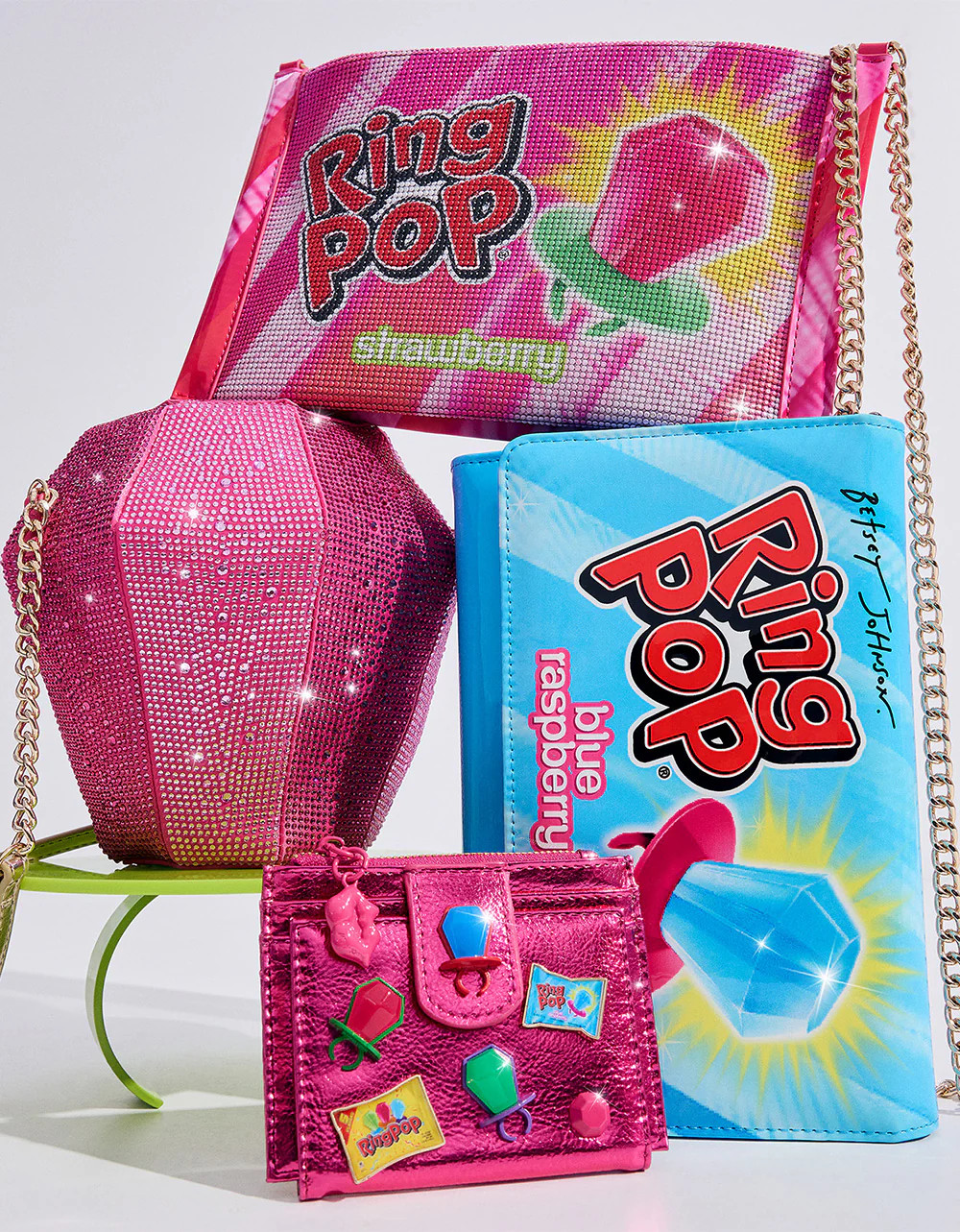 RING POP® PARTY POUCH PINK Women's Clutch Chain Strap Crossbody Handbag | Betsey Johnson