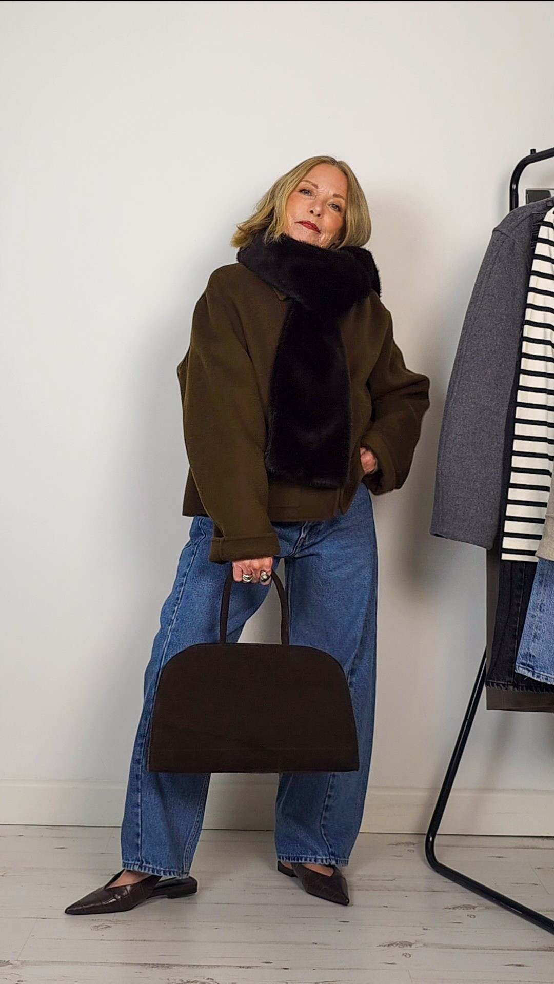Barrel leg jeans in blue -  brown crop wool jacket - brown  fur scarf - brown crocodile slingbacks - brown suede bag

#LTKuk #LTKwinter #LTKstyletip