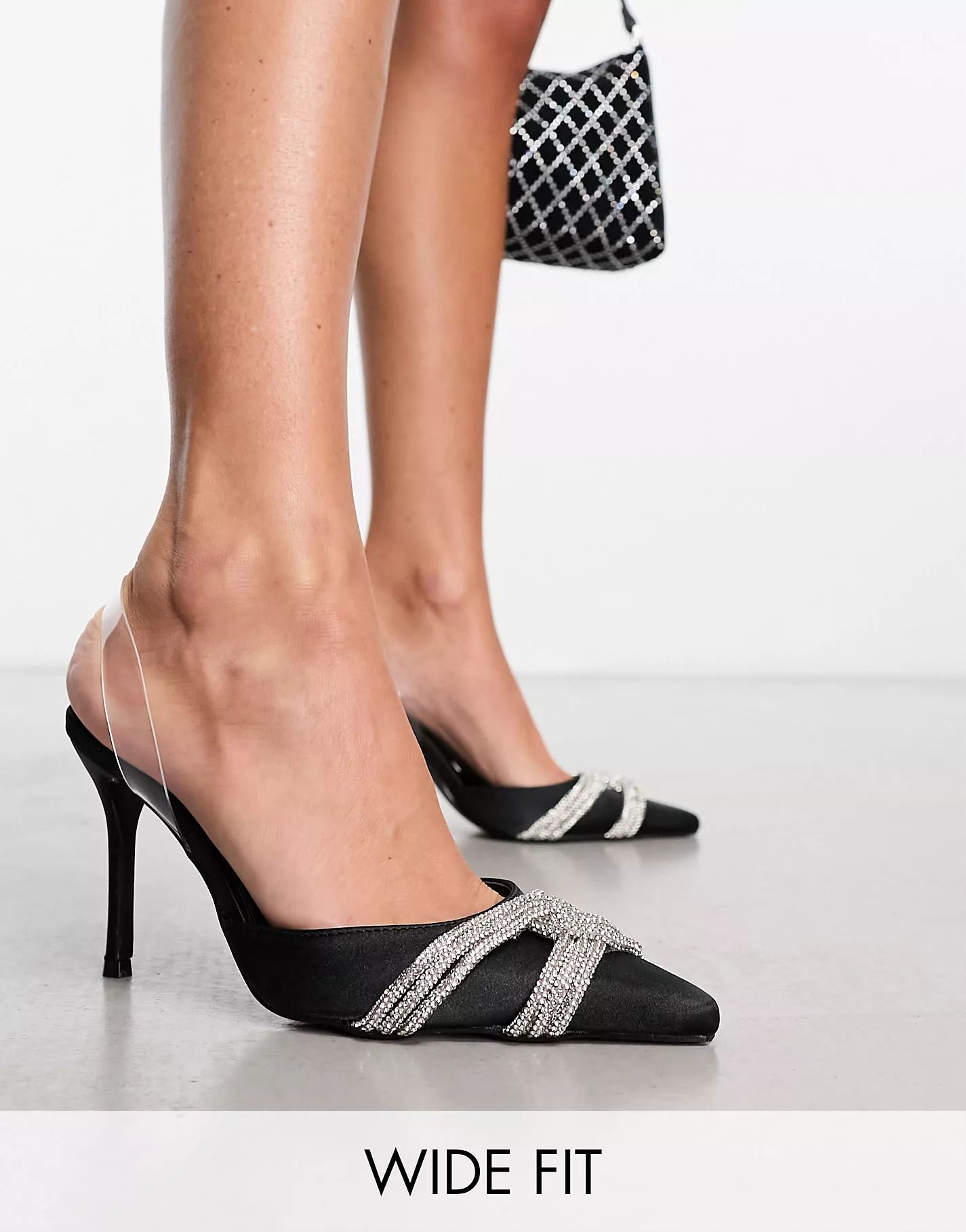 Public Desire Wide Fit Loxi embellished heeled sling back shoes in black | ASOS (Global)