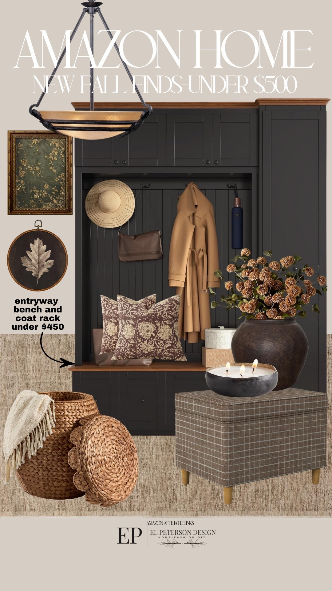 Amazon
Bench and coat cabinet
Artwork
Ottoman
Stems
Vase
Basket 
Pillows

#LTKHome