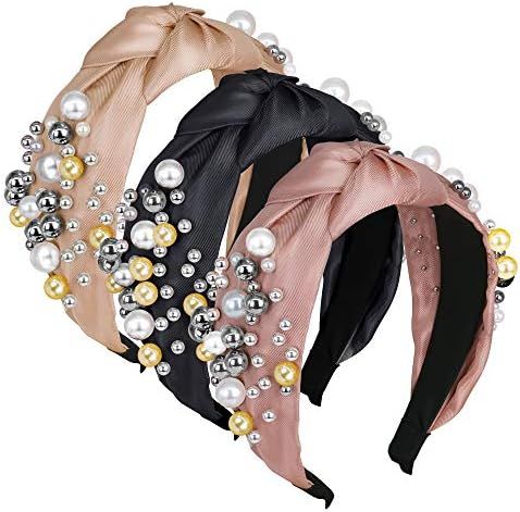 Wide Pearl Headbands Knotted Headbands for Women 3 Colors, Elastic Hair Hoops Knot Turban Headban... | Amazon (US)