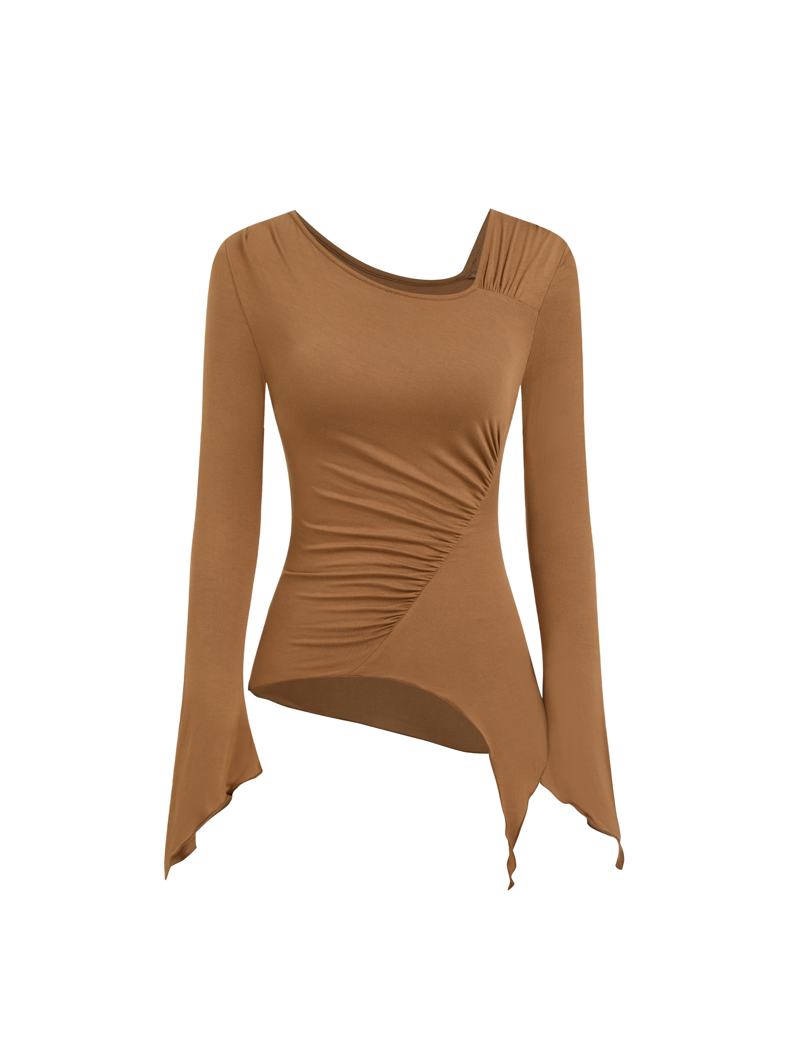 Jersey Asymmetrical Neck Ruched Lettuce Trim Top For Date | Cider