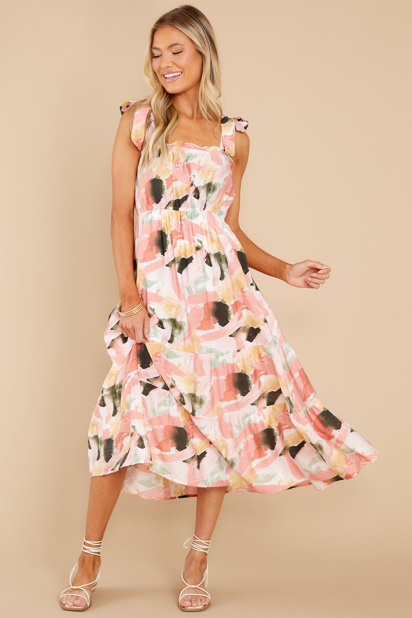 Creative Ideas Peach Multi Print Midi Dress | Red Dress 