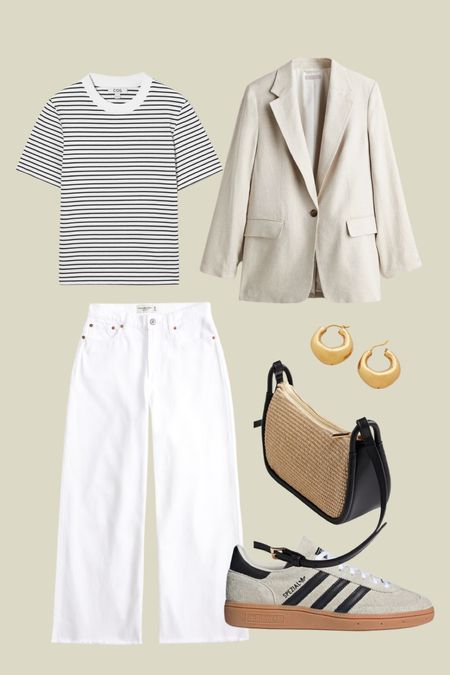 A casual way to style white jeans ✨ stripe tee, beige blazer, spezial trainers 