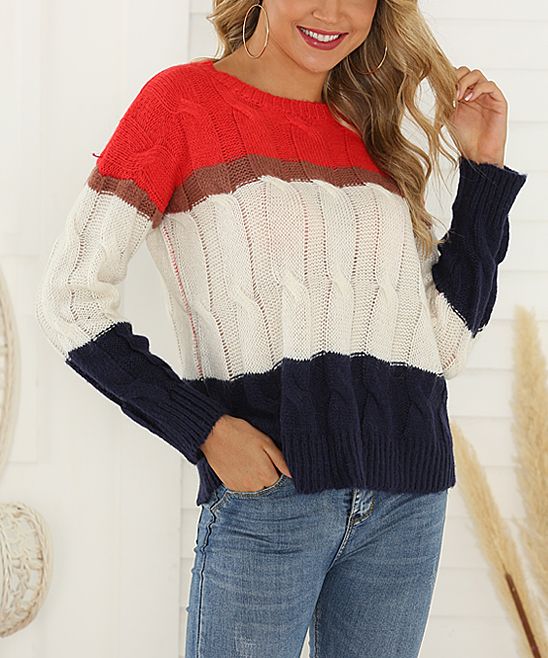 Floral Blooming Women's Pullover Sweaters Multicolor - Red & Blue Color Block Cable-Knit Sweater - Women & Plus | Zulily