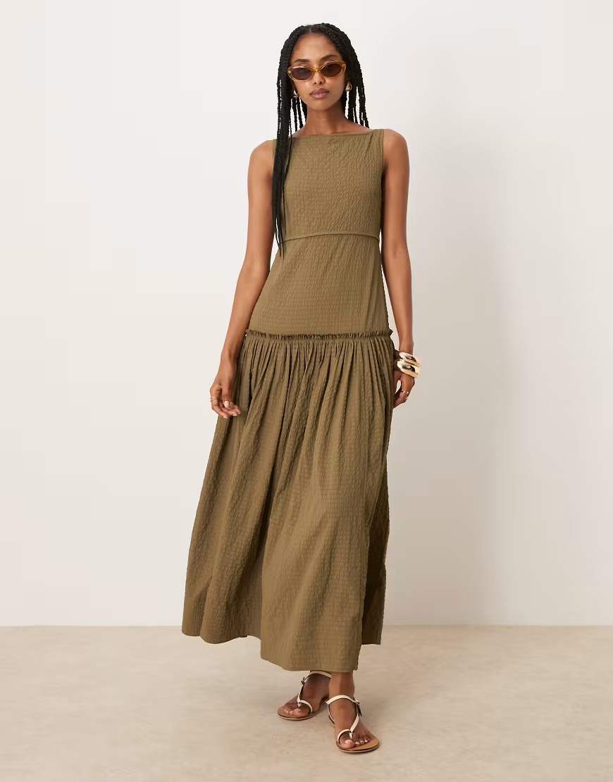 ASOS DESIGN crinkle slash neck maxi dress with seaming detail in olive-Green | ASOS (Global)