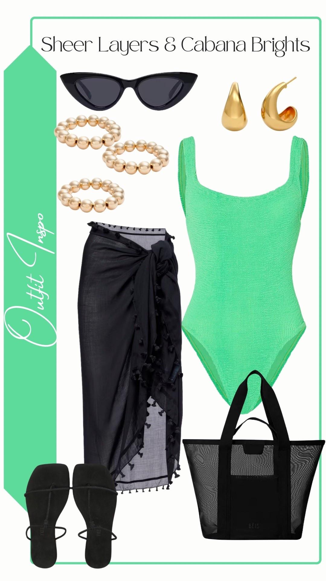 Outfit Inspo
Sheet Layers & Cabana Brights

Black Mesh Beach Tote Bag: Béis
Black Sheer Beach Coverup: Melissa Odabash
Lime Green Square Neck One Piece: Hunza G
Gold Beaded Ball Stretch Bracelet: SHYMI
Gold Dome Huggie: Oak & Luna
Black Sunglasses: Le Specs (Hypnosis)
Black Sandal: TKEES (Chloe Sandal)

#LTKSeasonal #LTKShoeCrush #LTKSwim