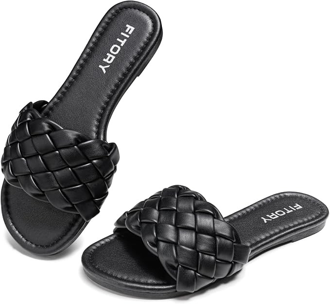 FITORY Womens Flat Sandals Fashion Round Open Toe Slip On Slides with Braided Strap Slippers for ... | Amazon (US)