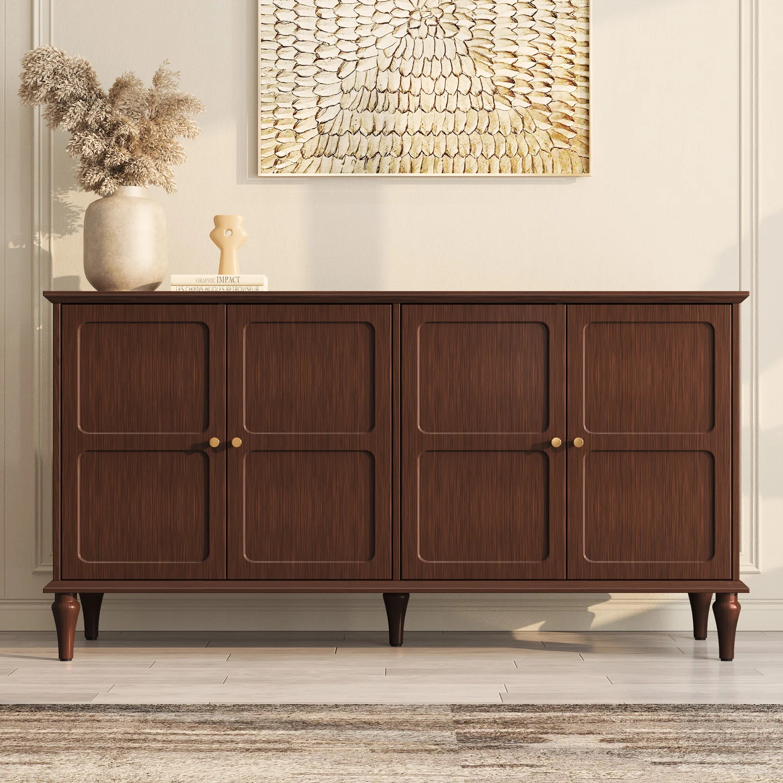 Charlton Home® 58" Mid-Century 4-Door Cabinet with Adjustable Shelves and Removable Tall Wine Gl... | Wayfair North America