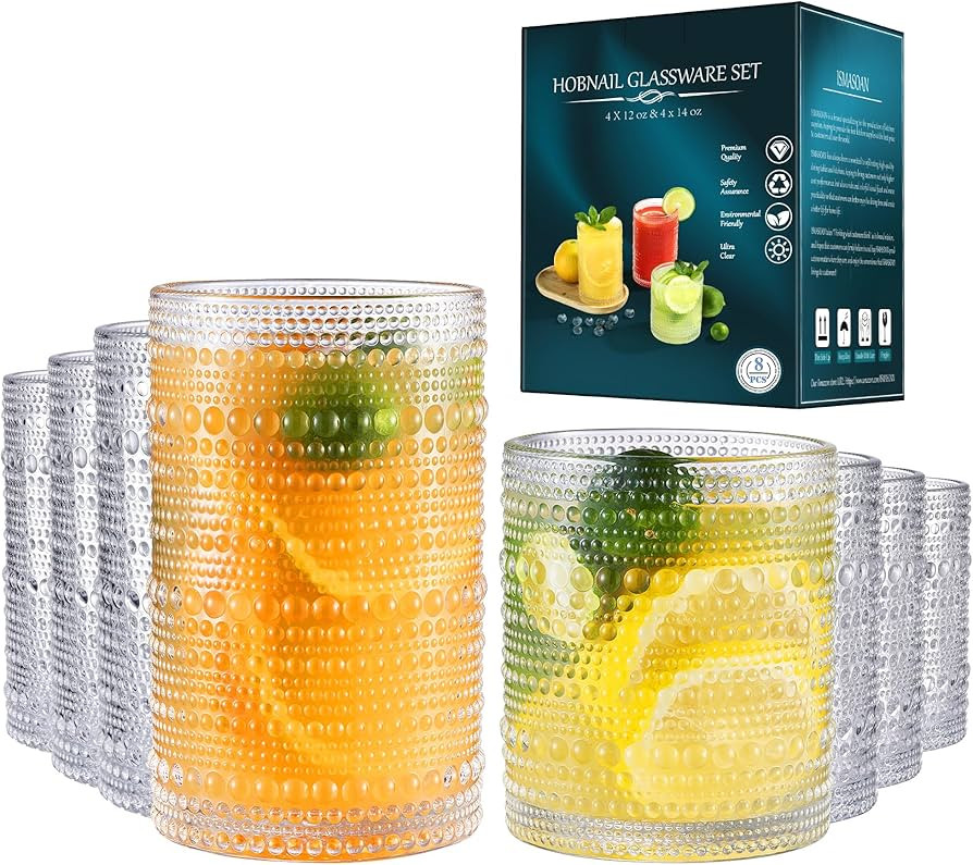 Vintage Drinking Glasses Set of 8,Hobnail Glassware 14 oz and 12 oz,Bubble Glasses Drinking,Vinta... | Amazon (US)