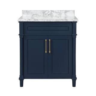 Aberdeen 30 in. x 22 in. D x 34.5 in. H Bath Vanity in Midnight Blue with White Carrara Marble To... | The Home Depot