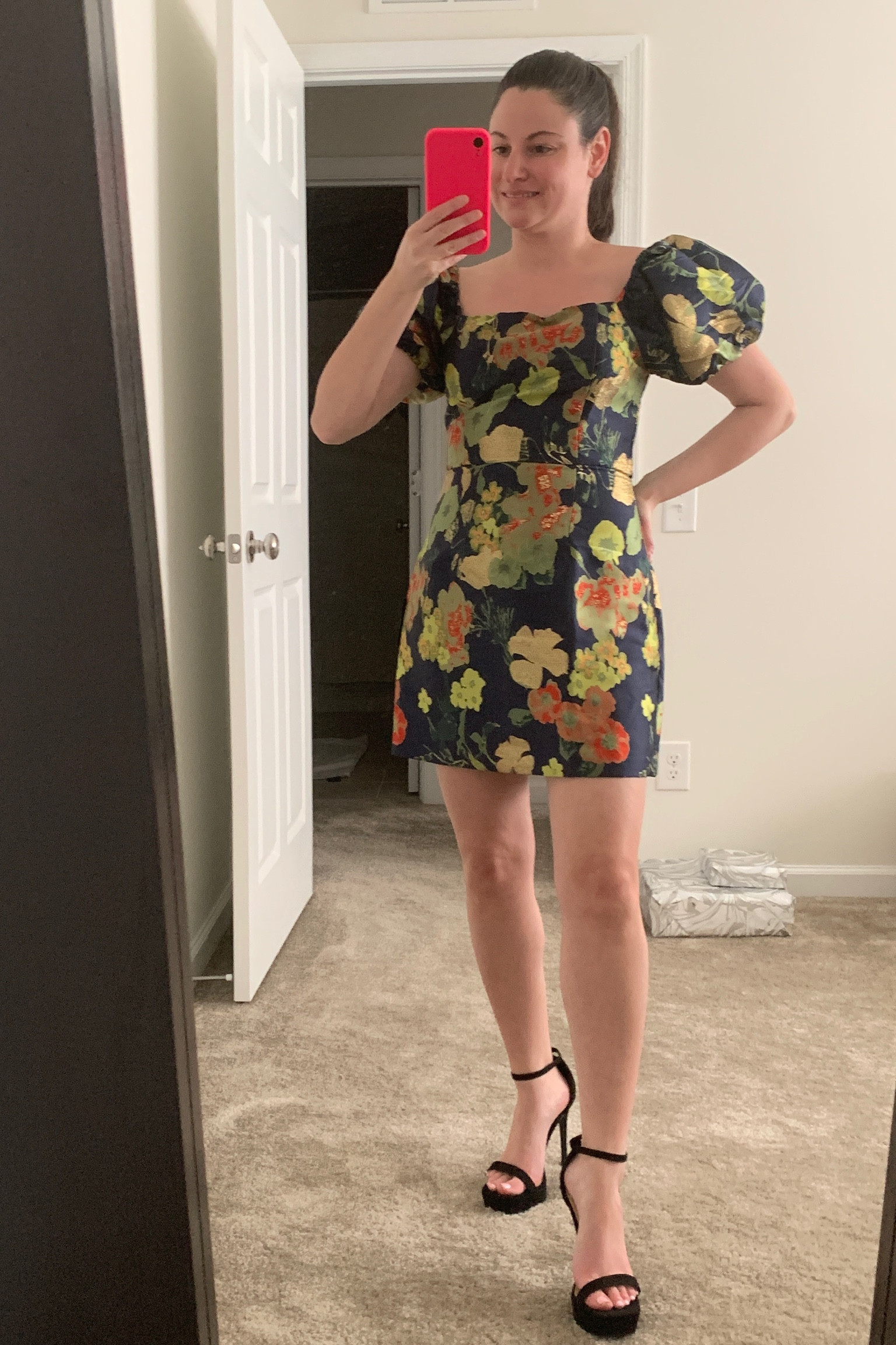 so stunning navy blue floral jacquard puff sleeve mini dress melissalynn_stealmylooks on LTK