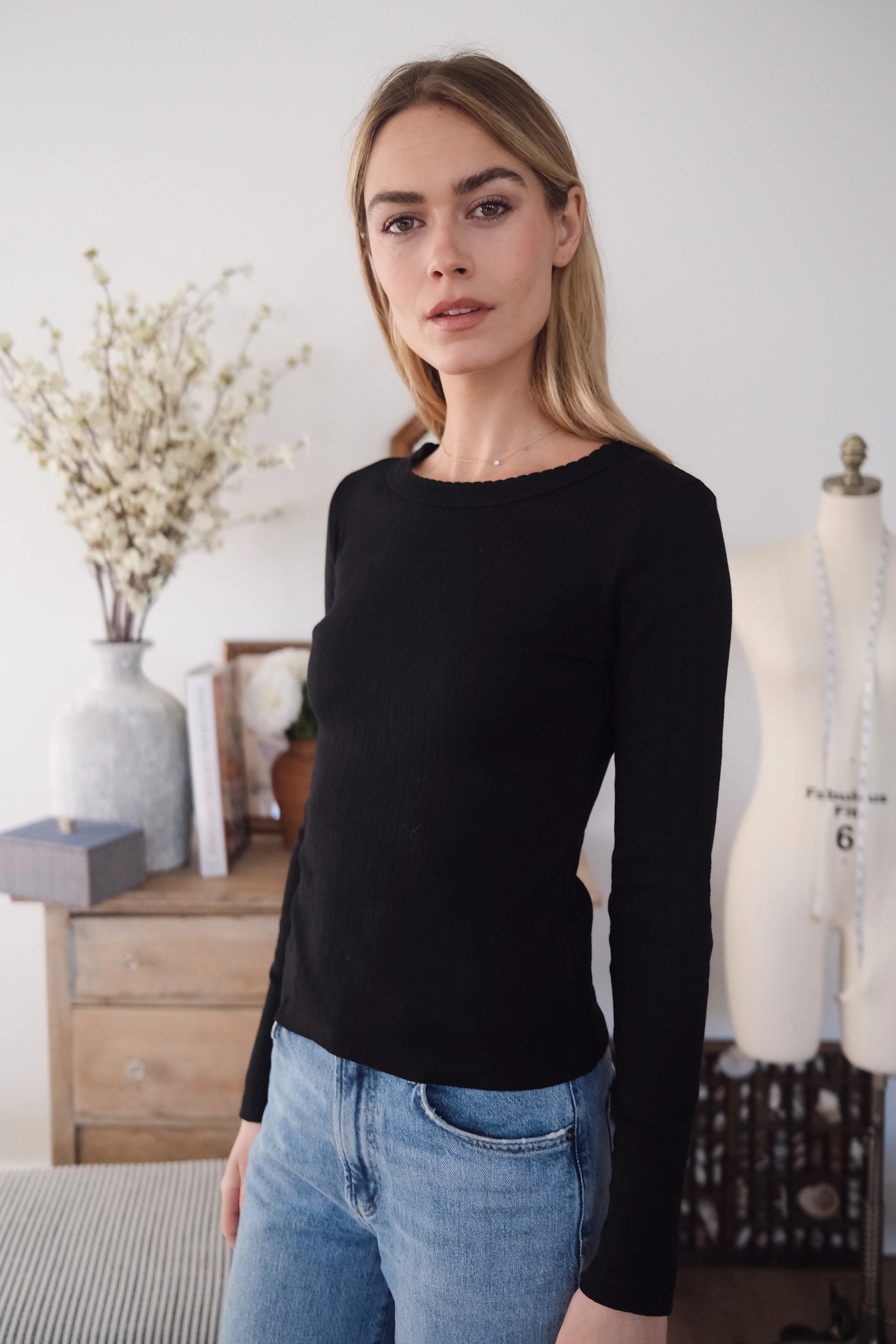 Pointelle Long Sleeve Crewneck - Black | Marea