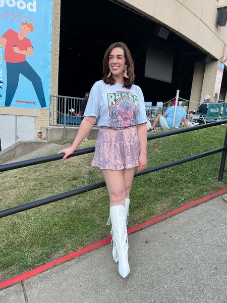 Country Concert Outfit - Light blue American Rodeo graphic tee (size small). Pink sequin mini skirt (size small). White fringe boots (size 8.5). #countryconcert #graphictee #tshirt #miniskirt #countryconcertoutfit #pinkskirt #sequinskirt #skirts #skirt #whiteboots #whitefringeboots Summer Outfit 

#LTKFindsUnder100 #LTKStyleTip #LTKSeasonal