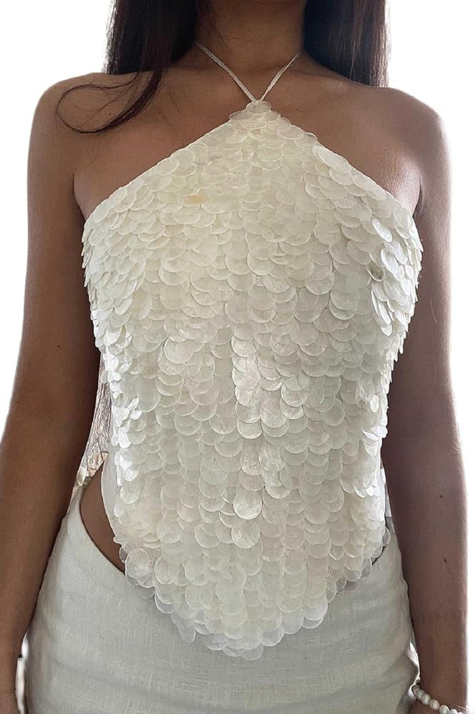 Women Sequin Glitter Tops Sleeveless Halter Tie Back Backless Tank Tops Sparkly Party Rave Going ... | Amazon (US)