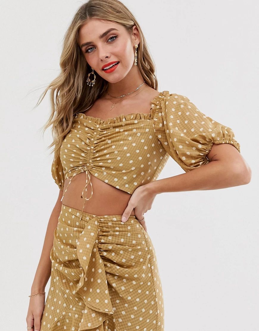 Finders Keepers Rosie polkadot off shoulder co-ord crop top-Tan | ASOS (Global)