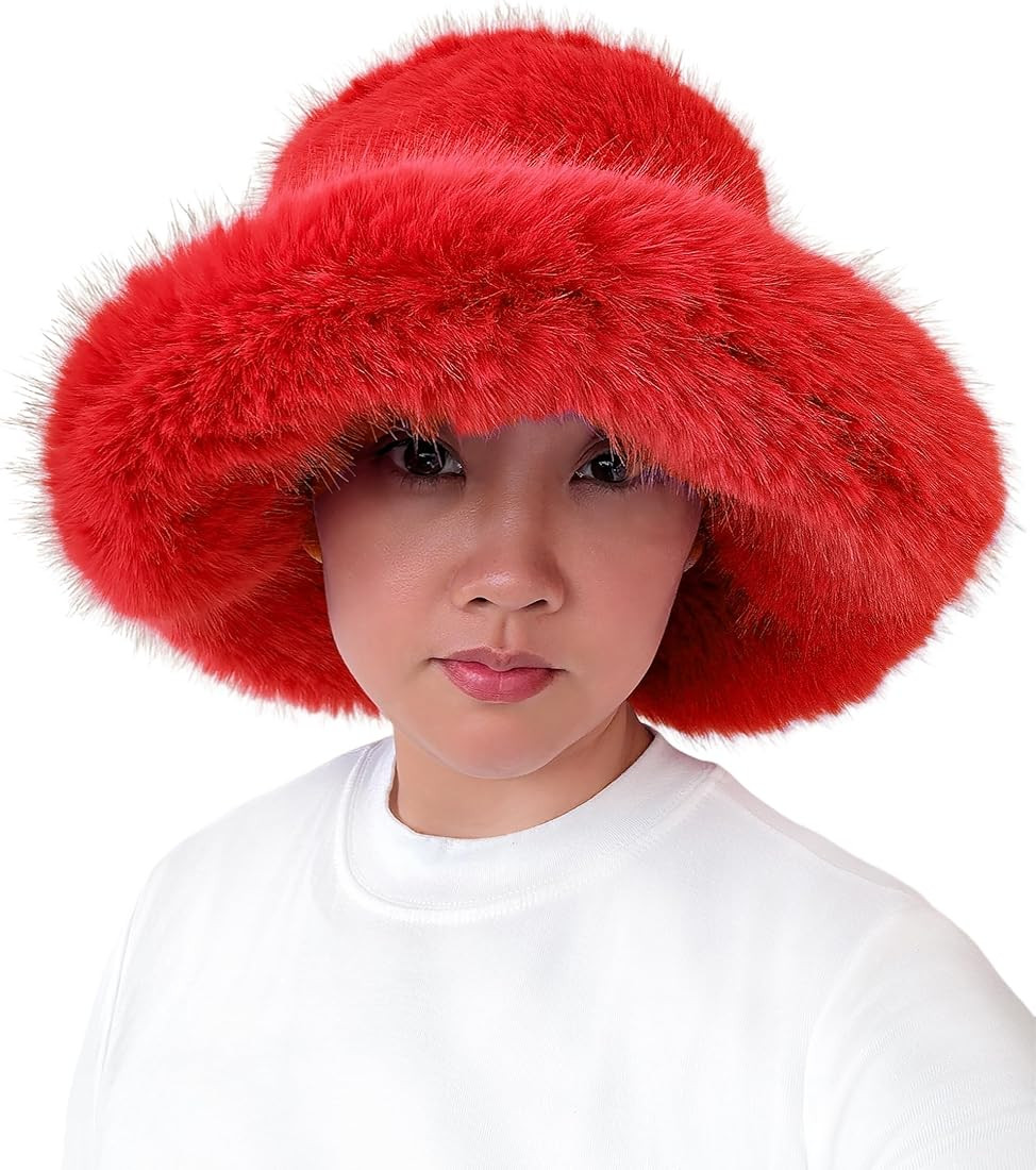 Lina & Lily Oversized Winter Faux Fur Bucket Hat for Women - Long Pile Fur Wide Moldable Brim | Amazon (US)