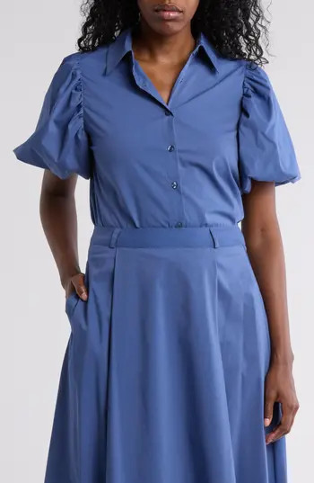 BY DESIGN Abigail Puff Sleeve Button-Up Top in Bijou Blue at Nordstrom Rack, Size Small | Nordstrom Rack
