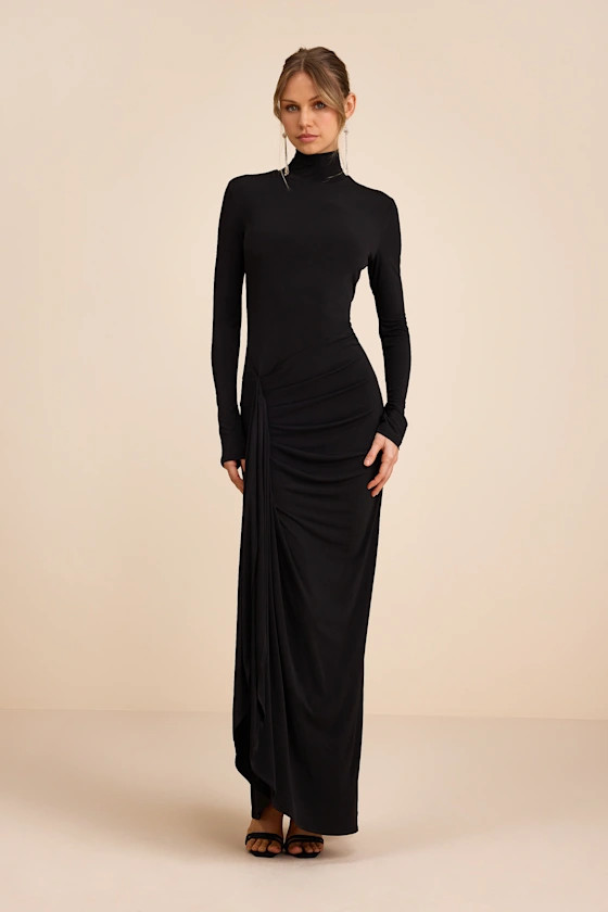 Tassana Black Jersey Knit Mock Neck Maxi Dress | Lulus